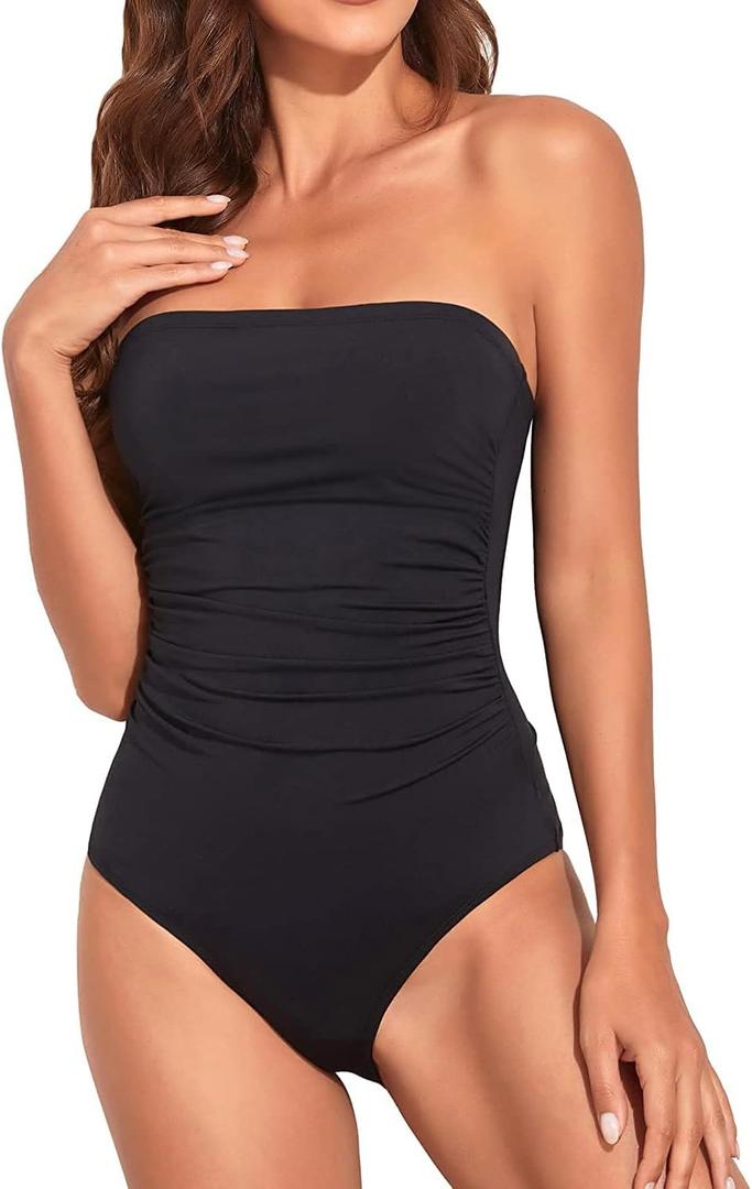 Holipick Women Tummy Control One Piece Swimsuits Strapless Bandeau Bathing Suits Slimming Halter Swimwear (Large, Black)