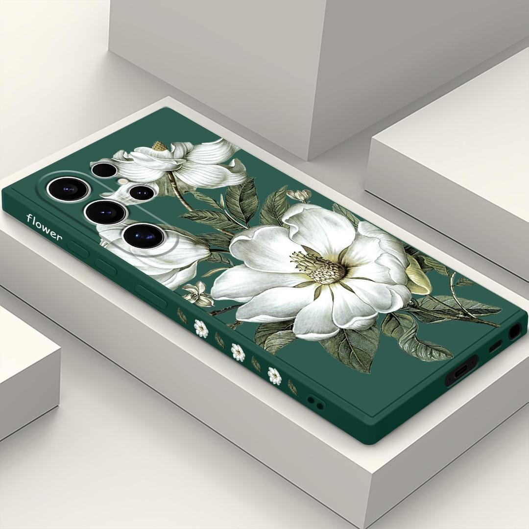 LEECG for Samsung S24 Ultra Case, Flower Pattern Design Ultra Thin Soft Anti Drop Liquid Silicone Phone Cover for Samsung Galaxy S24 Ultra 6.8 inch, Cotton Green