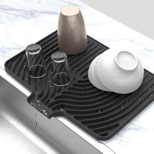 Silicone Drying Mat for Kitchen Counter , Dish Drying Rack Matt with Built in Drain, Small Dry Mats for Dishes Drying Pad for Kitchen Counter (1812inch, black)