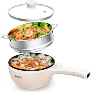 Dezin Hot Pot Electric with Steamer Upgraded, Non-Stick Sauté Pan, Rapid Noodles Electric Pot, 1.5L Mini Pot for Steak, Egg, Fried Rice, Ramen, Oatmeal, Soup with Power Adjustment (Beige 2)