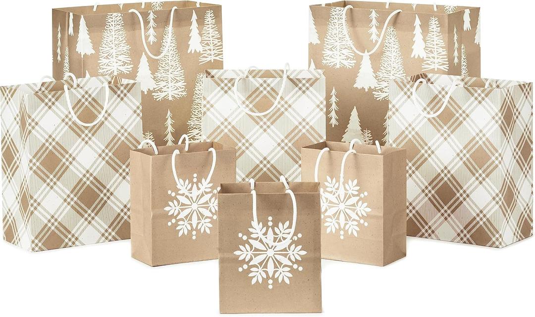 Hallmark Assorted Christmas Gift Bags, Recyclable Kraft Brown with Snowflake, Plaid and Trees (8 Bags: 3 Small 6", 3 Medium 9", 2 Large 13") for Holiday Parties, Hanukkah, Winter Weddings