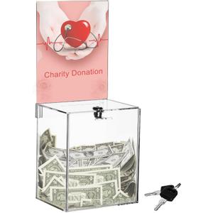 Youeon Large Acrylic Donation Box with Lock, 6.7 x 5 x 16 in Clear Suggestion Box with Slot and Lock, Ballot Tin with Sign Holder for Tip, Comment, Voting, Charity, Fundraising