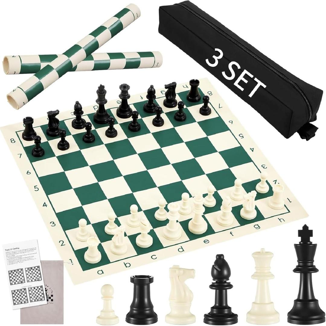 Silipull 3 Sets 20" Portable Chess Set, 3.75" King Tournament Pieces, Travel Board Games for Adults with Extra 2 Queens, Folding Roll up Board and Pieces Chess Basic Club Sets with Storage Bag