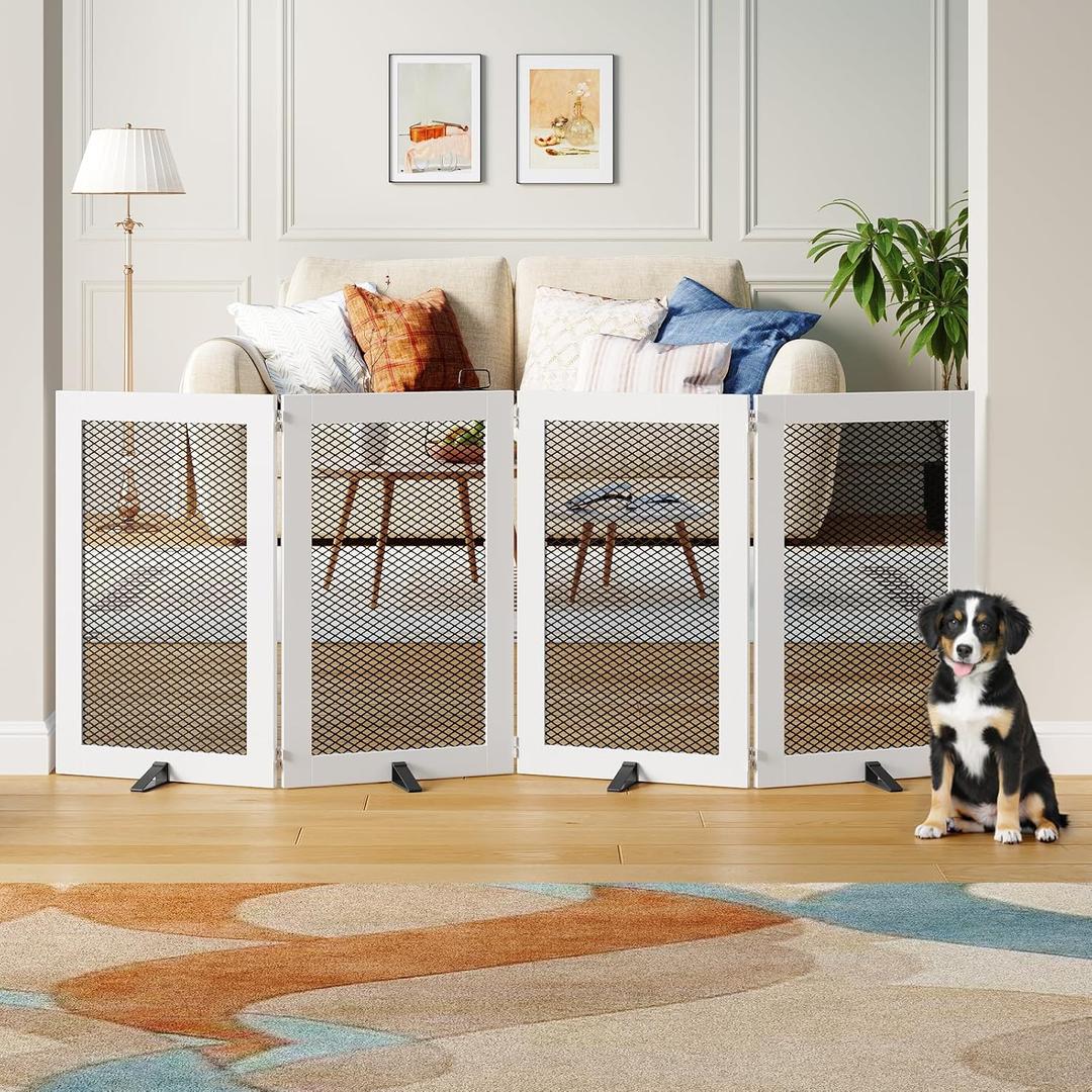 Freestanding Dog Gate Indoor, Foldable Wooden Pet Gate for The House Stairs Doorways, 4 Panels Tall Dog Fence with Support Feet, 79.1"W x 31.5"H, Extra Wide Step Over Fence, White DGHW80201