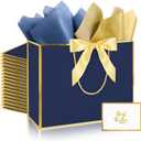 Addblu 12 Pack Large Navy Blue Gift Bags with Handles, 12.6x10x4'' Includes 36 Tissue Papers, Bow Ribbon & Cards for Wedding, Birthday, Bridesmaid, Groomsmen, Valentine's Day, Easter (Navy Blue and Gold, 12pcs)