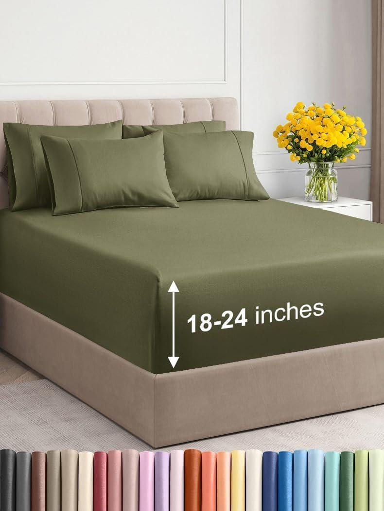 Extra Deep Cal King Sheet Set - 6 Piece Breathable and Cooling Sheets - Hotel Luxury Bed Sheets Set - Easy Fit - Soft, Wrinkle Free and Comfy Sheets Set - Sage Green Sheet Set with Extra Deep Pockets