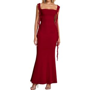 KUTUMAI Elegant Long Formal Wedding Guest Dresses for Women 2026 Ruffle Bodycon Cocktail Party Maxi Dress (Large, Wine)