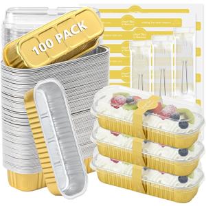 Ruckae 100 Pack Mini Loaf Pans with Lids and Spoons Disposable Aluminum Tin Foil Pans Rectangle Mini Loaf Cake Pan for Baking, Party, Picnics, Gifts (Gold)