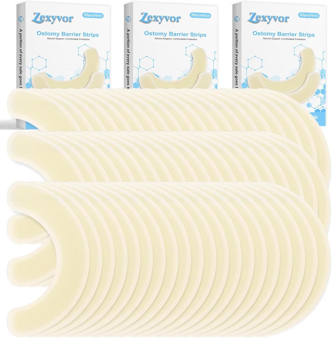 60PCS Ostomy Barrier Strips Medical Grade Hydrocolloid Skin Barrier Tape for Colostomy, Ileostomy, Urostomy Bags Elastic Ostomy Rings Stoma Supplies Accessories