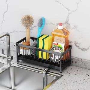 Kitchen Sink Organizer  Durable 304 Stainless Steel Sponge & Brush Holder with High Brush Section Multi-Purpose Sink Caddy for Countertops & Storage (Black) (Blak)