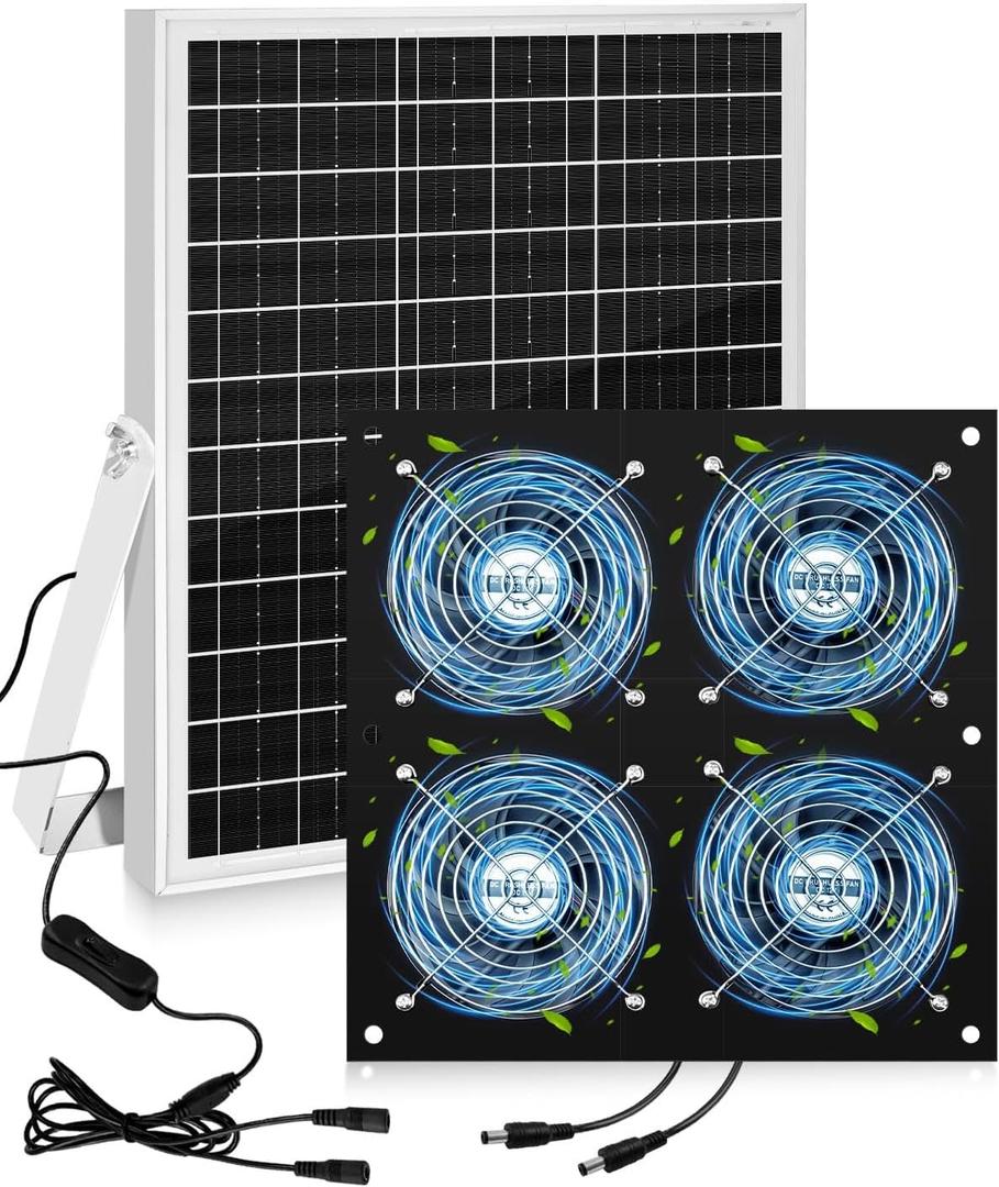 Solar Exhaust Fan for Chicken Coop with 25W Solar Panel & 4-Pack High-Speed Brushless DC Fans, Solar Powerd Shed Ventilation Fan for Chicken Coops, Greenhouses, Sheds, Pet Houses