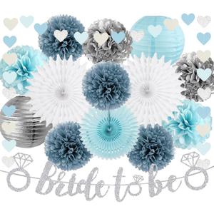 Bridal Shower Decorations Dusty Light Blue and Silver Bachelorette Party Decorations Bride To Be Banner Blue White Silver Heart Garland Paper Pom Poms Fans Lanterns for Wedding Shower Party Decor