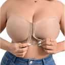 OYOANGLE Women's Plus Size Front Closure Push Up Strapless Bandeau Bra Wireless Tube Bralettes with Clear Strap (Beige)