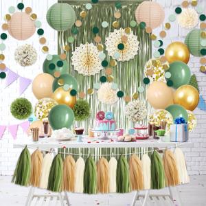 Sage Green Gold Party Decorations, Kit Balloons Paper Pompoms Tassel Garland Fringe Curtain for Wedding Bachelorette Baby Shower Birthday Party
