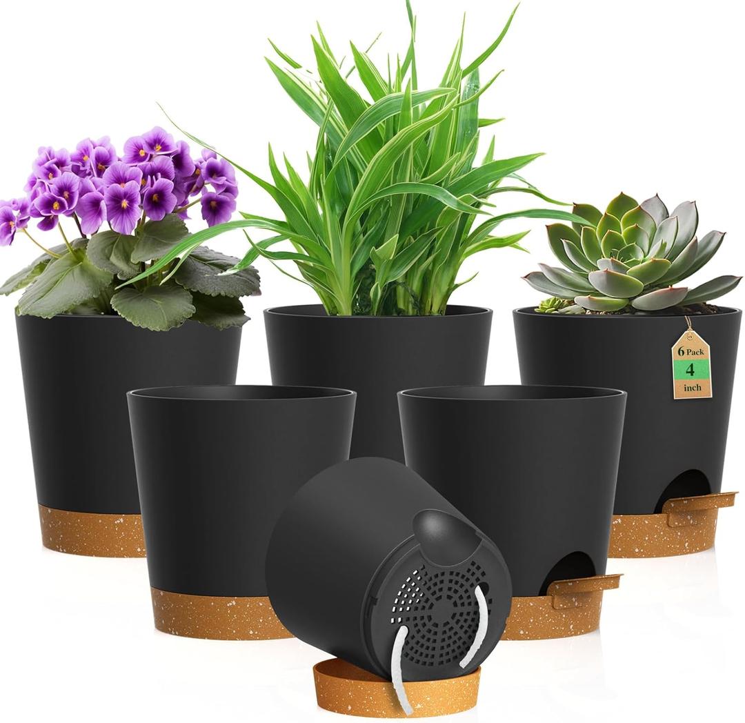 6 x WSMKSZ 4 inch Self Watering Pots for Indoor Outdoor Plants, 6 Pack Plastic Flower Planters with Drainage Holes and Removable Saucers, Plant Pots with Wicking Rope, Modern Decor, Black Brown