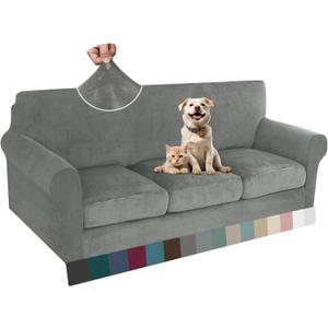 ZNSAYOTX Luxury Velvet Couch Cover 4 Piece (72"-92") Stretch Sofa Covers for 3 Cushion Couch Thick Soft Sofa Slipcover with Non Slip Strap, Dog Pet Friendly Nice Furniture Protector (Grey)