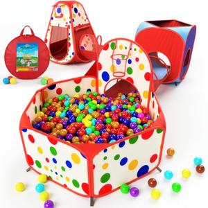 Playz 5-Piece Kids Play Tents Crawl Tunnels and Ball Pit Popup Bounce Playhouse Tent with Basketball Hoop for Indoor and Outdoor Use with Red Carrying Case