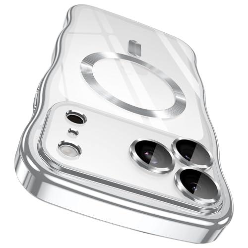 GVIEWIN for iPhone 17 Pro Max Case [Compatible with MagSafe][Upgraded Full Camera Protection][Cute Wave Frame] Glossy Slim Shockproof Protective Magnetic Phone Case for 17 Pro Max 6.9'', Clear/Silver