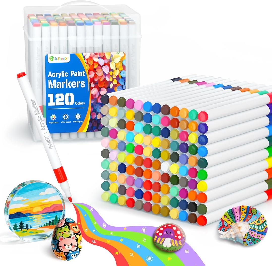 D-FantiX 120 Colors Acrylic Paint Markers for Kids Adults, Fine Tip Acrylic Paint Pens for Wood, Fabric, Glass, Canvas, Ceramic, Plastic, Rocks, Eggs, Shoe, DIY Arts and Crafts Scrapbook Supplies