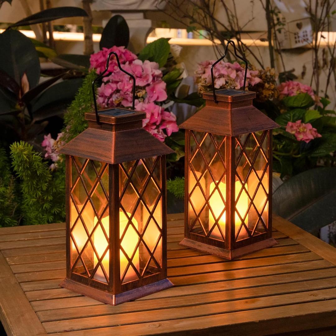 2Pack 10" Solar Outdoor Lanterns Waterproof Garden Gifts Women, Halloween Flickering Flameless Candle Mission Lights for Patio, Outdoor, Party, Yard, Lawn, Mothers' Day Gifts for Mom (Antique Copper)
