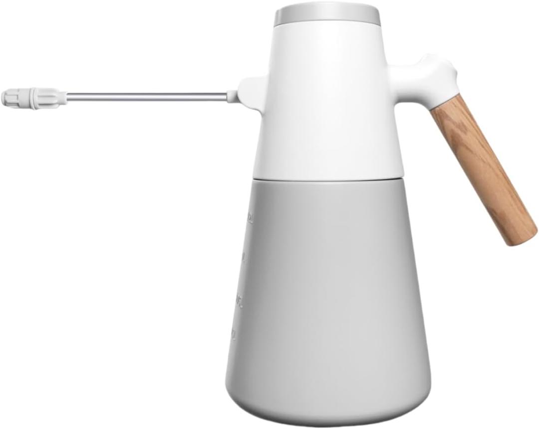 Electric Plant Mister with 180 Adjustable Long Nozzle, 2 Spray Modes, Battery Operated Garden Sprayer for Indoor Outdoor Plants Minimalist White Design with Wood Grain Handle
