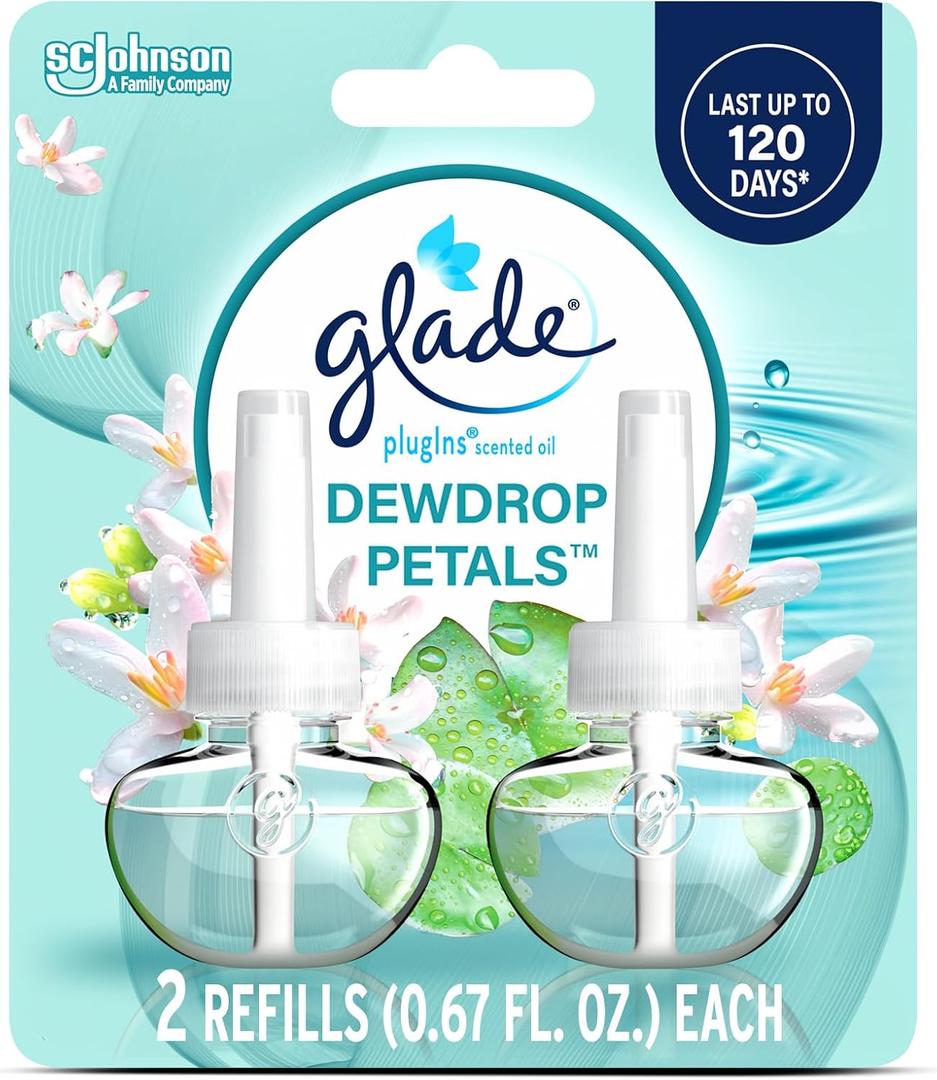 Glade PlugIns Refills Air Freshener, Dewdrop Petals, Scented and Essential Oils for Home and Bathroom, 0.67 Fl Oz, 2 Count