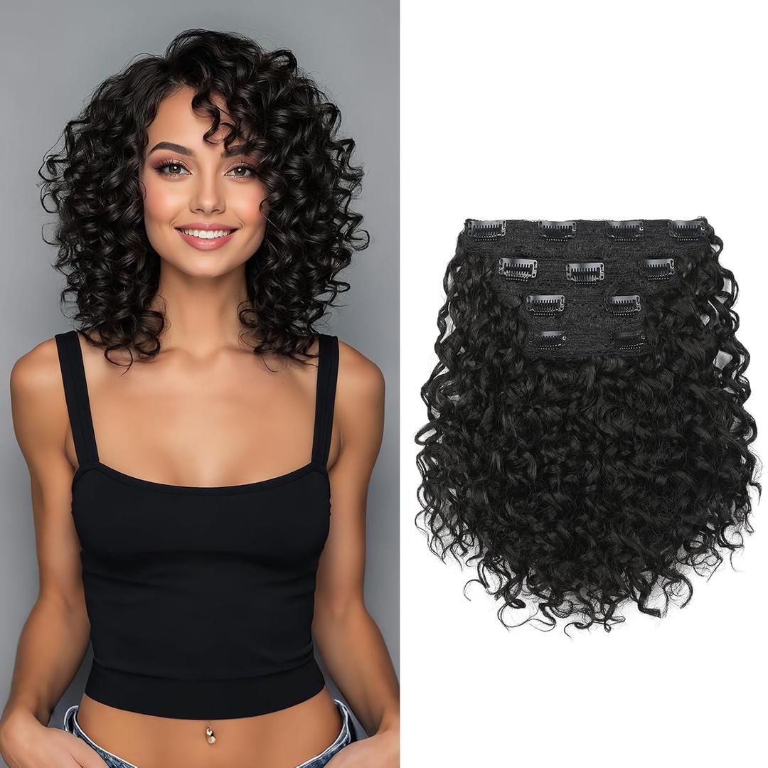 FLUFYMOOZ 4PC Clip in Hair Extensions, 10 Inch 100 Pure Protein Silk Short Hairpiece Deep Curly Wavy Hair Extensions Clip in Natural Soft Hairpiece for Women-Black Brown