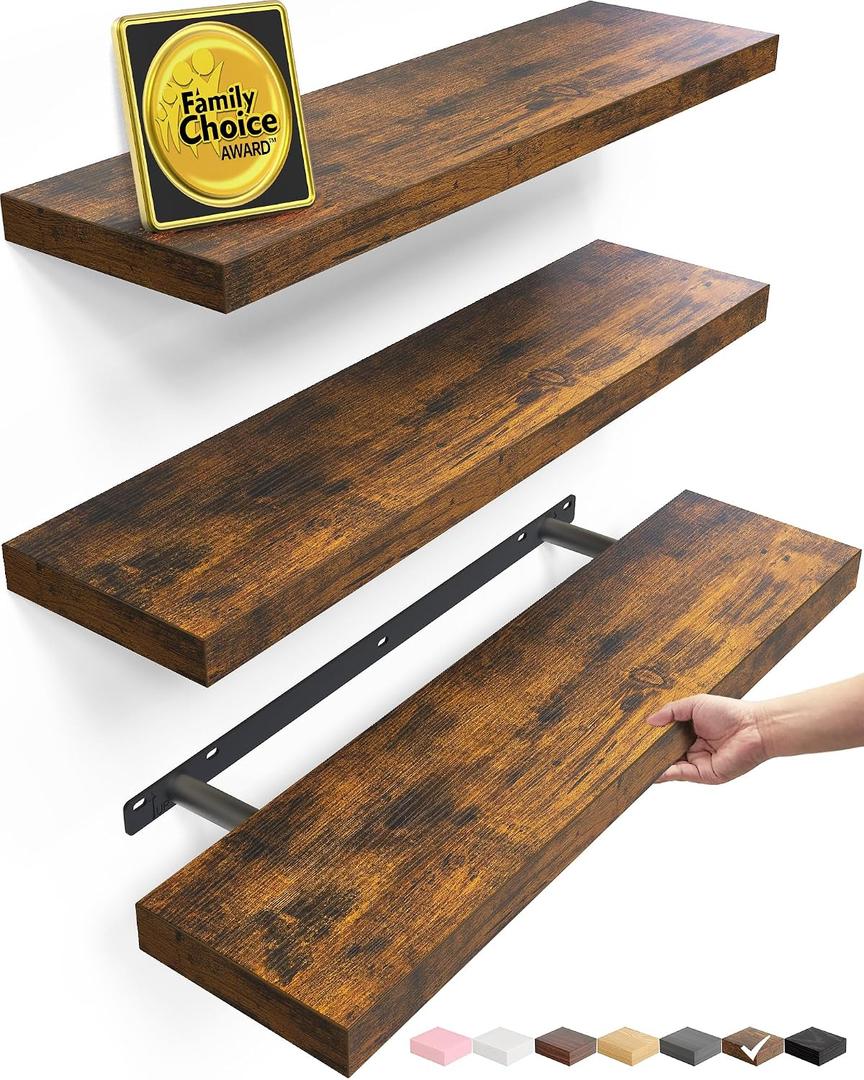 BAYKA Rustic Brown Floating Shelves 22.5in, 3 Pack, Wall Mount Wood Shelf
Easy Install, 22lbs Max Load, Hidden Bracket, Shelving for Bathroom Bedroom Kitchen Display Storage, Multi-Wall Compatible