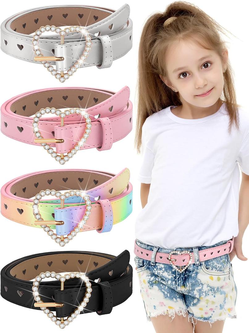 Newcotte 4 Pcs Girls Belt Kids Leather Waist Belt Rhinestone Heart Metal Buckle
