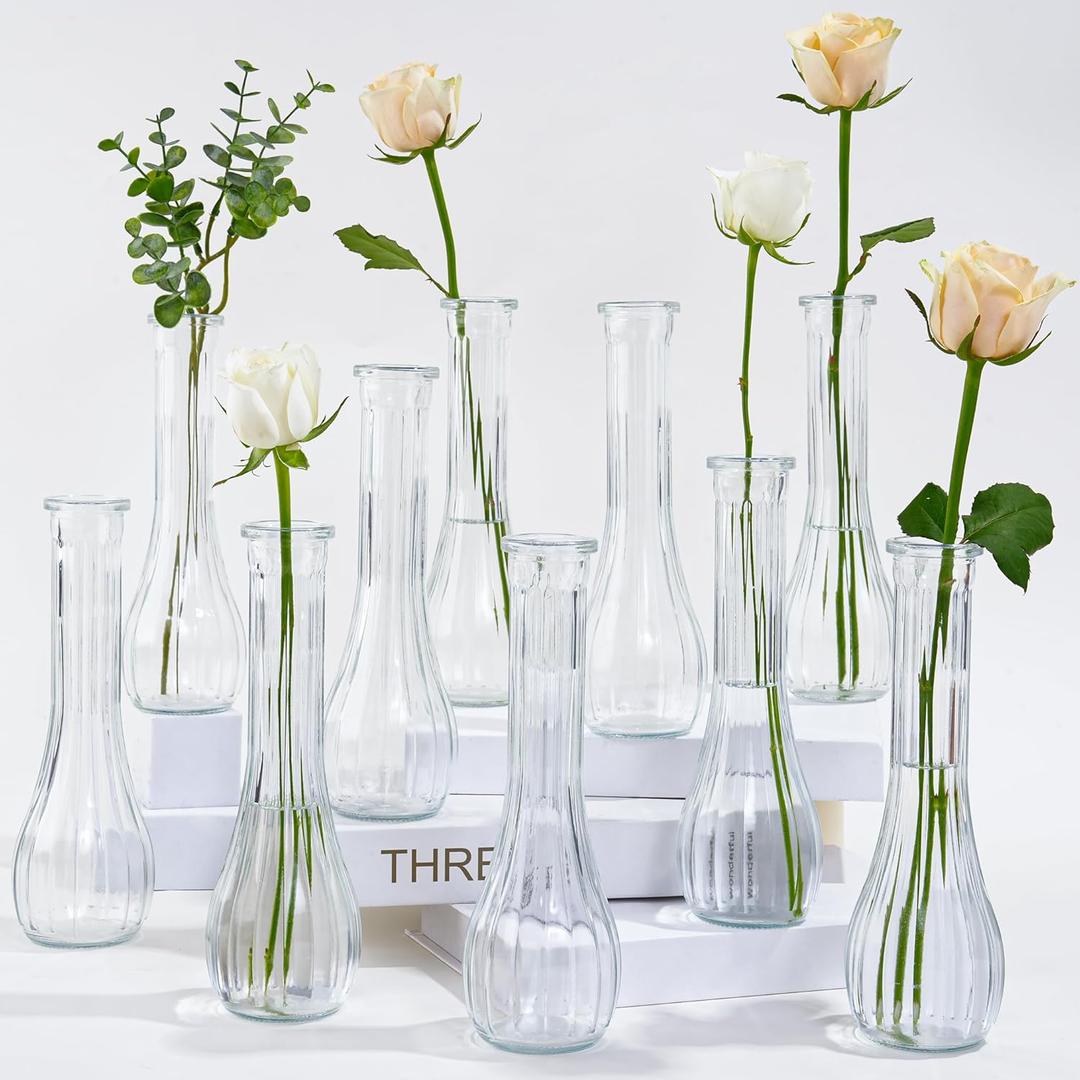 Glass Tall Bud Vases for Centerpieces, Ribbed Flower Vase in Bulk Set of 10, Modern 8" Slim Floral VaseS for Wedding Party Dining Table Decor