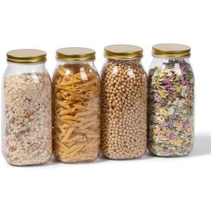 novelinks 4 Pack 64 OZ Plastic Wide Mouth Mason Jars with Airtight Lids - Wide Mouth Half Gallon Large Mason Jar 64 OZ Storage Canning Jar for Kitchen & Household Storage (Gold)