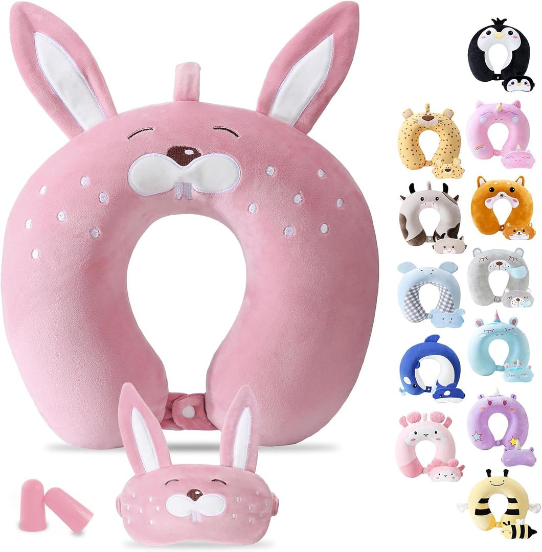 Cirorld Travel Pillow for Kids Adult Cute Neck Pillow for Traveling Memory Foam Airplane Pillow Sleep Mask Animal Flight Pillow Head Rest Neck Support for Cars Long Flights (Rabbit, 9-12 Y/O)