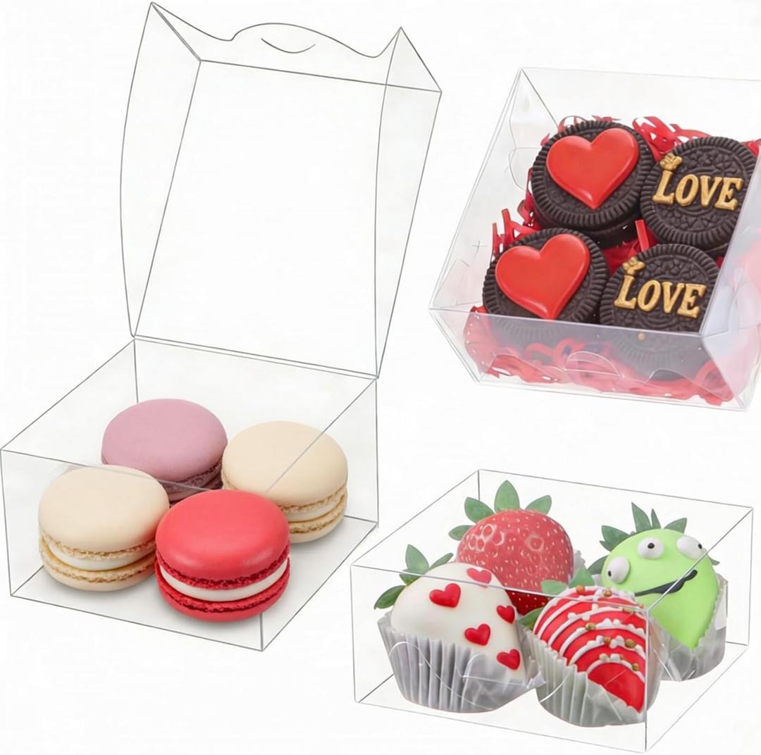 50pcs 4x4x2 Inch Clear Plastic Boxes Bakery Boxes Cookies Boxes with Window Soap Box Chocolate Truffle Boxes Macaron Gift Treat Boxes for Cake Dount Gifts goodies Christmas Valentine's