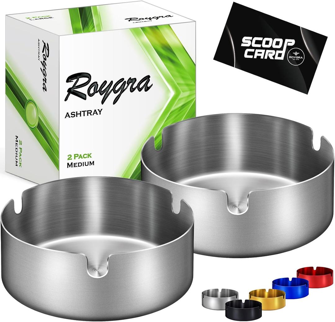 roygra Ash Tray (2 Pack), Outdoor Ashtray for Outside Patio, Stainless Steel Ashtrays for Cigarettes with 3 Holder, Smoking Accessories, Home Dcor, Ashtrays for Smokers Indoor - Silver, Medium