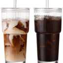 DWTS DANWEITESI Iced Coffee Cups with Lids 2Pcs: Ribbed Glass Tumbler with Straw and Lid 20oz-Vintage Glass Cups with Lids and Straws-Tumbler Leak Proof Aesthetic Drinking for Coffee Bar Accessories