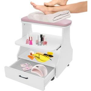 Portable Pedicure Foot Rest with Wheels, Pedicure Stool, Trolley for Foot Bath, Spa Cart, Nail Stand, Manicure Furniture for Beauty Salon or Nail Tech Spa, Massage Station (Pink)