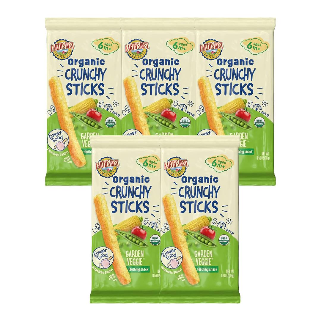 Earth's Best Organic Baby Food, Dissolvable Teething Snack for Babies 6 Months and Older, Garden Veggie Crunchy Sticks, .56 oz Pack (Pack of 5) (EXP 01/01/27)