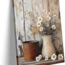 KYSNGMT Farmhouse Wall Decor Rustic Daisy Floral Canvas Wall Art Print | Vintage White Flower in Pitcher Picture Framed Artwork Ready to Hang for Living Room Bedroom Kitchen Country Home Decoration, Pack Of 2
