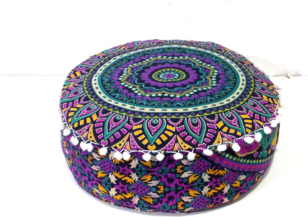 INDIAN CRAFT CASTLE ICC Floor Pillows & Cushion Covers Decorative Hippie Mandala Pouf Pillow Covers Seating Meditation Cushion Cover Large Boho Ottoman Case Pillowcase Couch New Pink, 16" Round
