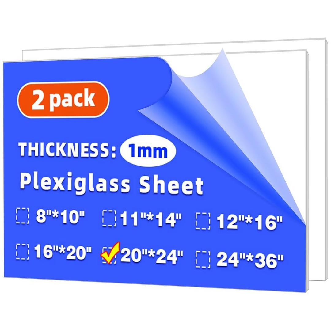 (2 Pack) 20" x 24" Plexiglass Sheets 1mm Thick, Clear Acrylic Sheets Panel Cut to Size Plexiglass Acrylic Board, Cut with Engraver, Power Saw or Hand Tools, No Laser Cut.