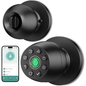 Fingerprint door lock, smart door knob with fingerprint and keypad password, App-controlled biometric door lock, keyless entry, suitable for bedrooms, offices, hotels, and apartments (matte black)HL-5
