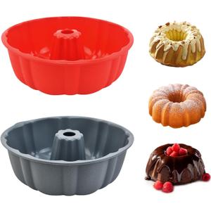 2 Pack Silicone Bundt Cake Pan Nonstick,10 Inch, Silicone Cake Molds,Pound Cake Pan, Baking for Jello,Gelatin,Cake,Brownie and Bread (Red+Grey)