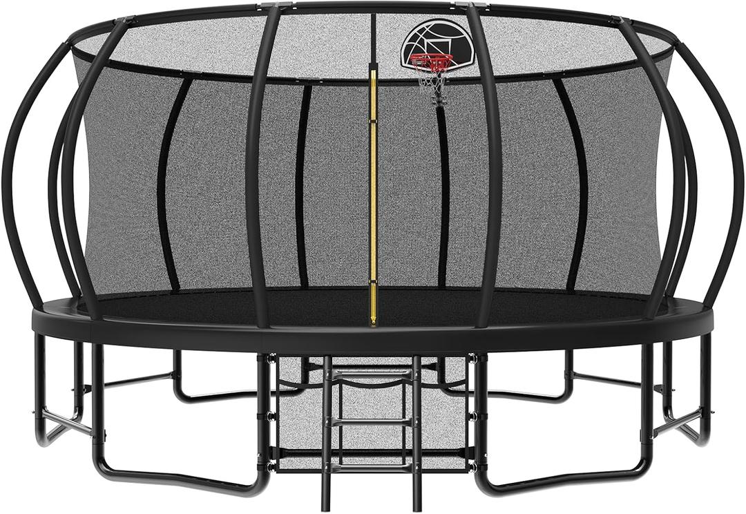 Lyromix 16FT Outdoor Trampolines for Kids and Adults, Pumpkin Trampolin with Curved Poles, Recreational Trampolin with Basketball Hoop and Safety Enclosure Net for Kids and Adults