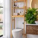 BAMBANG Over-the-Toilet Storage Shelf, 3-Tier Freestanding Bathroom Shelves with Adjustable Shelf Height and 3 Hooks, Space-Saving Organizer Rack Above Toilet, Bamboo Natural
