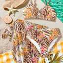 RoseSeek Girl's 3 Piece Bikini Set Floral Leopard O-Ring Swimsuit Beachwear (Brown)