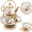 Zhehao 20 Pcs Porcelain Tea Set with Metal Holder and Spoon Adult Ceramic Tea Set European Flower Painting Teapot Cup Saucer Spoon for Women, Large Version(Traditional Style)