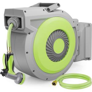 5/8" x 85 ft Retractable Garden Hose Reel, Wall Mount Retractable Water Hose with 10 Pattern Hose Nozzle, Any Length Lock/180 Swivel Automatic Hose Reels for Outside Garden Watering