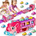 Unicorn Car Toys for 1-3 Girls, Unicorn Transport Truck Track Set W/Light & Sound, Friction Power Toy Cars W/ 6 Princess Cars, Foldable Track & Race Mode, Birthday Gift Idea for 2-4 5 6+ Toddler Kids.