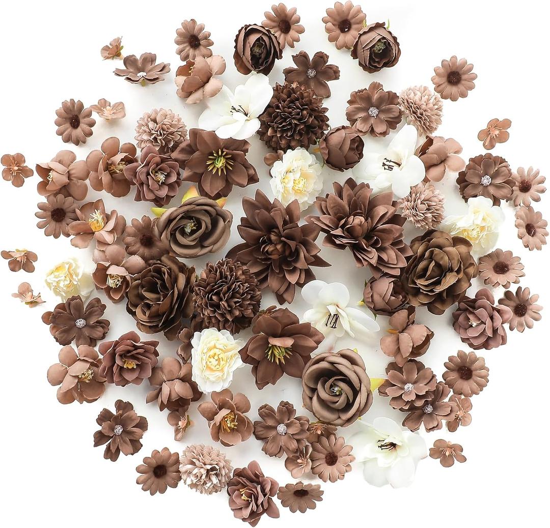 Floroom Mini Artificial Flower Heads Brown & Taupe Fake Peony Daisy Rose Multicolor Small Faux Silk Flower Heads for Cake Craft Garland Wedding Party Graduation Cap DIY Home Decoration, 0.8"-3.6"