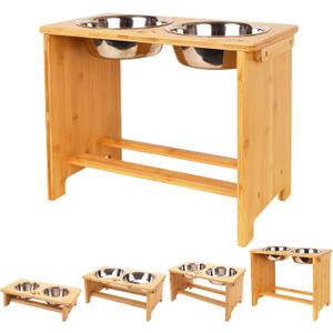 HTB Elevated Dog Bowls,Raised Dog Bowl Stand with 2 Stainless Steel Bowls,Elevated Raised DogBowls for Large Medium Small Sized Dogs (X large-14"tall,48 Oz bowl, Bamboo)